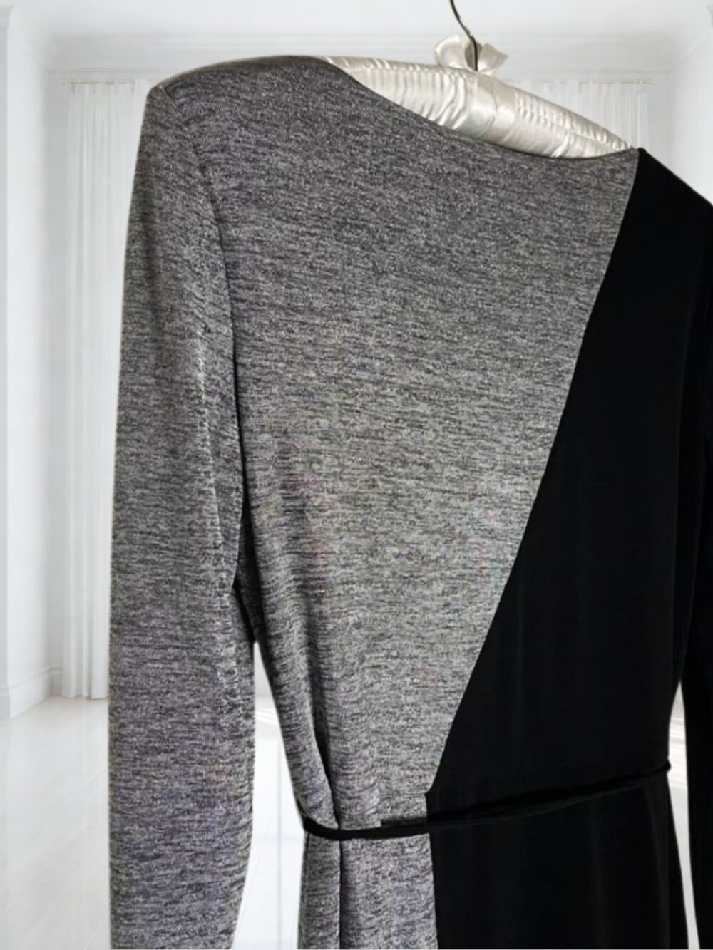 Sandra Darren Black Grey Diagonal Colorblock Long Sleeve Belted Dress Size 12 - Picture 5 of 11